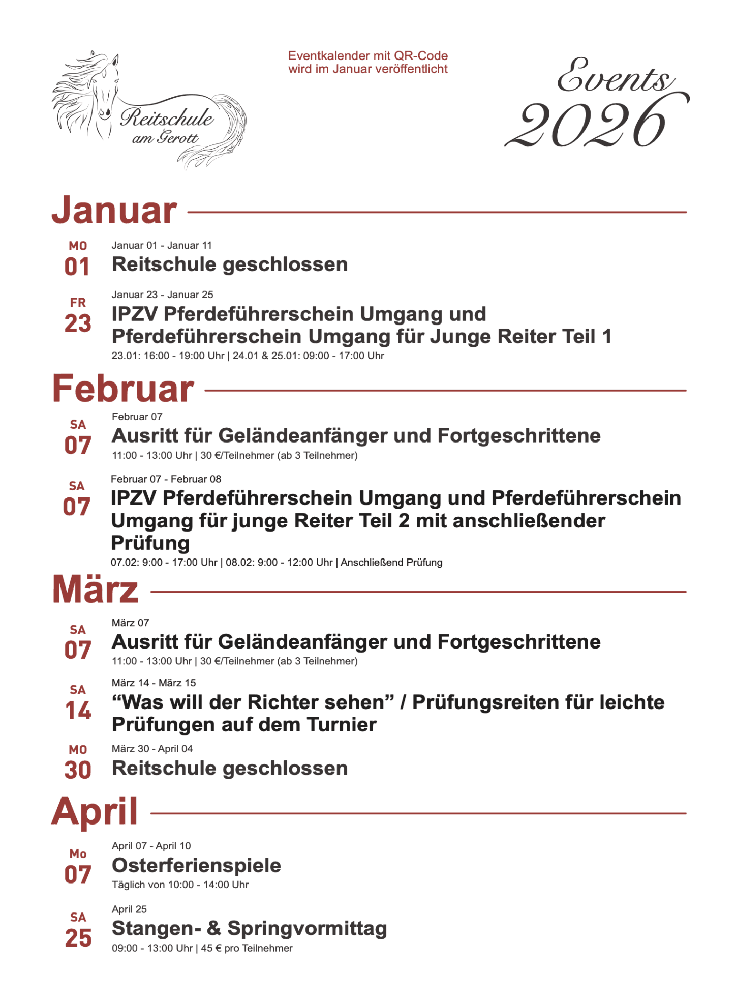 Jahres-Eventplan 2025 der Reitschule Am Gerott